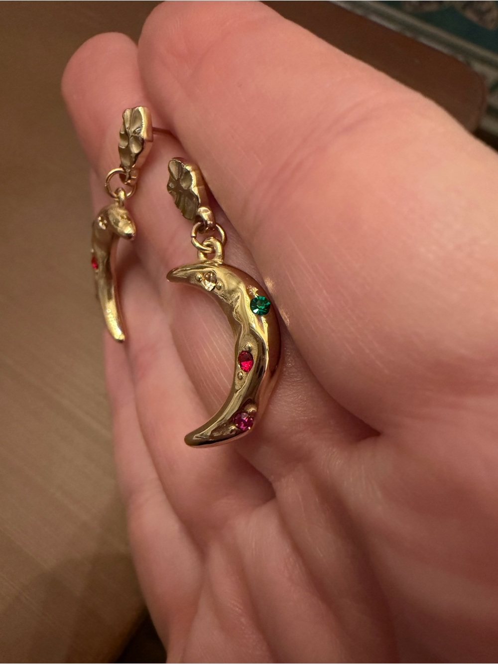 Gold Crescent Moon Drop Gemstone Earrings - Picture 4 of 6